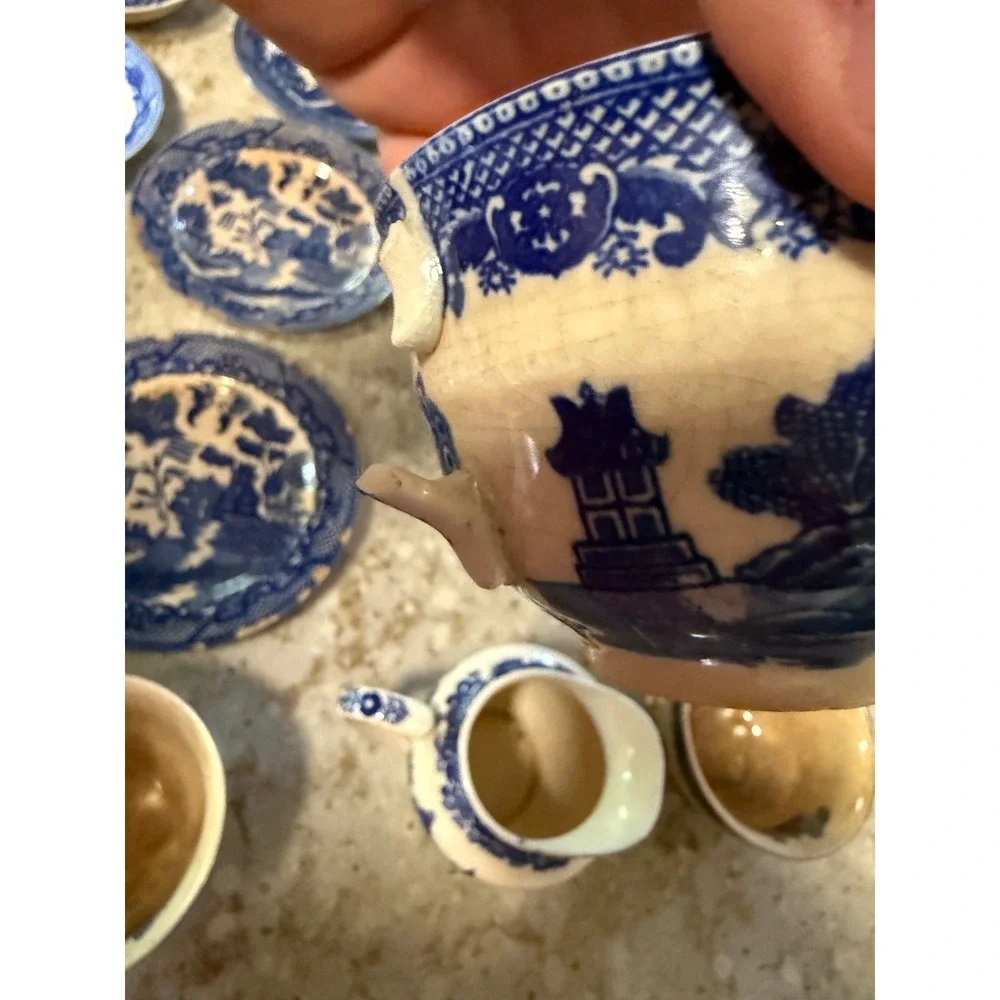 Vintage Blue Willow Tea Set Occupied Japan Blue White Transferware 18pc As-Is